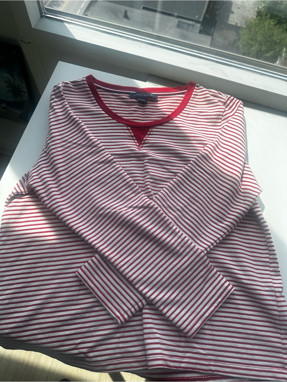 Tommy Hilfiger Red and White Striped Long Sleeve Tee with Crew Neck